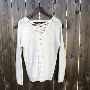 White Lace Up Back Sweater